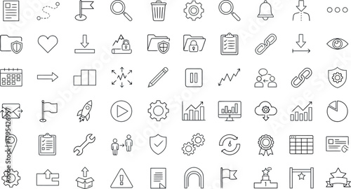 Collection of handdrawn icons representing business, technology, and communication