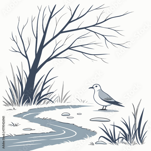 A solitary bird stands by a winding stream beneath a bare winter tree and tall grass