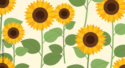 Seamless Sunflower Pattern Illustration with Green Leaves and Beige Background