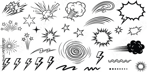 Comic book elements in black and white explosions, stars, speech bubbles, and speed lines