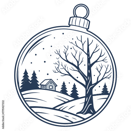 Winter scene inside a christmas ornament with a house and bare trees during snowfall