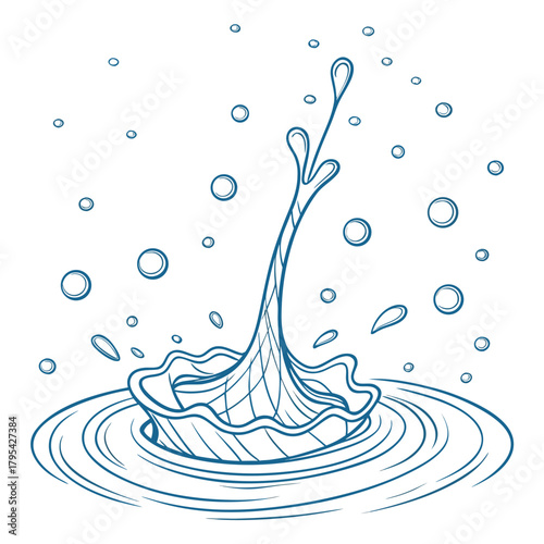 Dynamic blue line art illustration of a water splash with ripples and bubbles against a white background