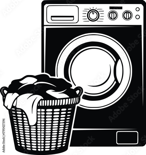 Black and White Vector Icon of Washing Machine and Laundry Basket Representing Household Chores and Cleanliness
