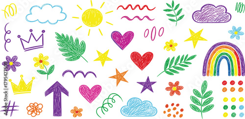 Colorful Hand-Drawn Elements Sun, Stars, Hearts, Clouds, Rainbow, Flowers, and Leaves for Creative Designs