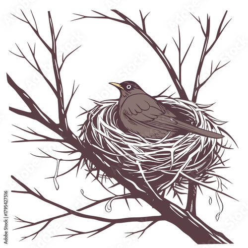 A solitary bird rests peacefully in its intricately woven nest nestled amongst bare tree branches