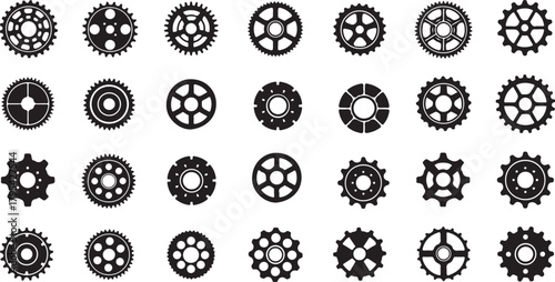 Collection of various black gears and cogs