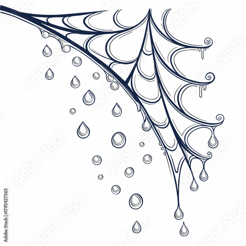 Delicate spider web with falling water droplets and dew drops on a white background