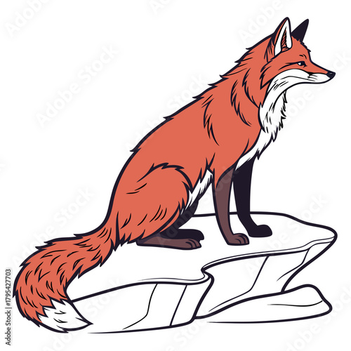 Stylized illustration of a red fox sitting alertly on a rock with a white background