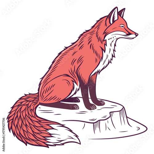 Stylized illustration of a red fox sitting on a rock with a bushy tail and white background