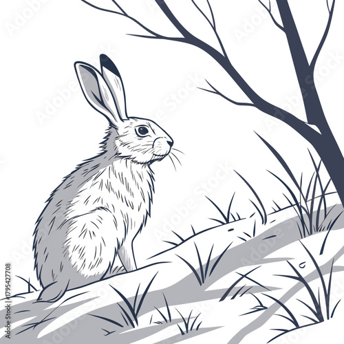 A solitary rabbit sits alertly in the snow near a bare tree in a winter landscape illustration