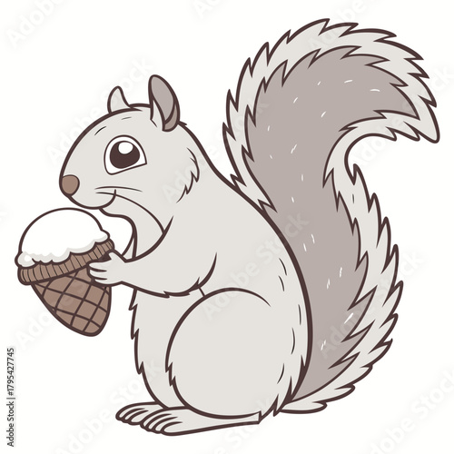 Cute cartoon squirrel holding a delicious ice cream cone with a happy expression