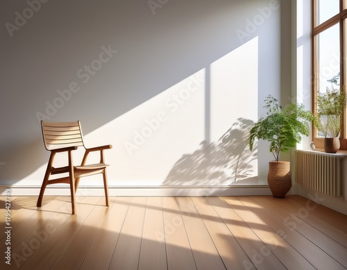 minimalist interior with natural light and shadows on a white wall featuring a simple wooden chair for a serene and modern home aesthetic