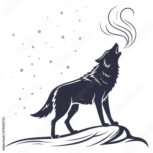 Silhouette of a dark wolf howling at the moon with swirling mist and falling snow