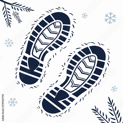 Deep blue boot footprints with fluffy edges in the snow surrounded by pine branches and snowflakes