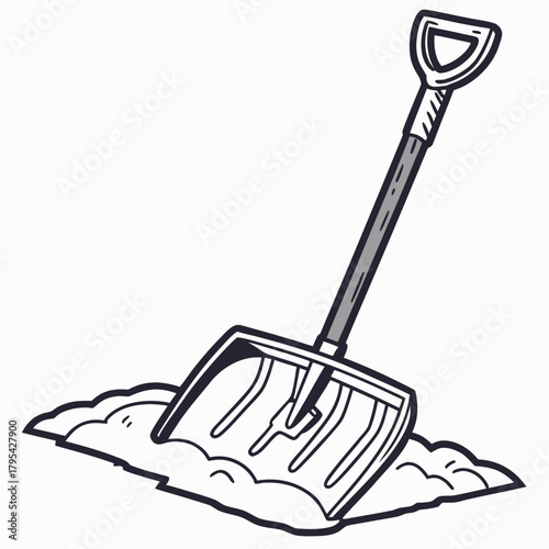 A simple cartoon illustration of a snow shovel digging into a pile of snow on a white background