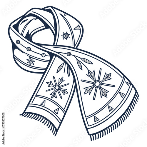 Stylized winter scarf with snowflake and leaf patterns in a hand drawn outline style