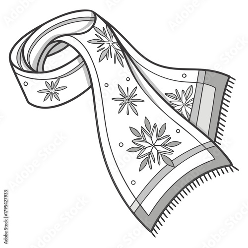Stylized black and white illustration of a winter scarf with snowflake patterns and fringed edges