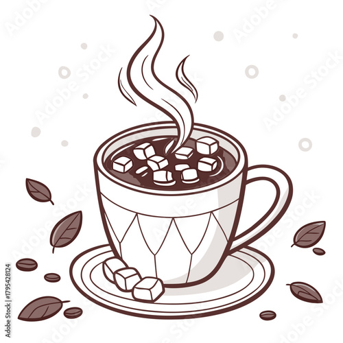 Cozy illustration of a steaming cup of hot chocolate with marshmallows and sugar cubes on a saucer