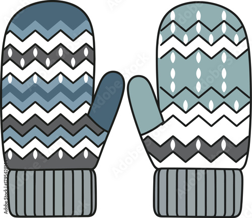 Two winter mittens with zig zag patterns in blue and gray on a white background