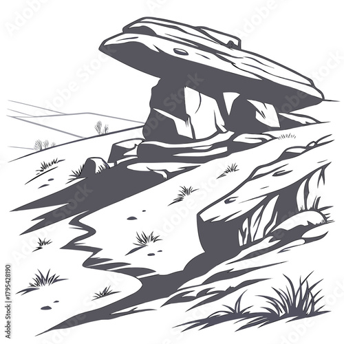 Stylized illustration of a prehistoric dolmen megalithic tomb on a grassy hillside under a clear sky