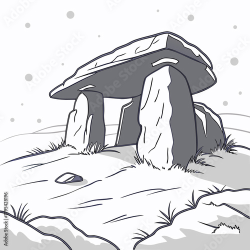 Ancient megalithic dolmen structure with large stones on a grassy hill under a grey sky