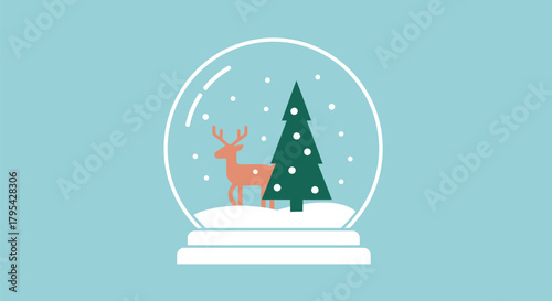 Festive snow globe with christmas tree and reindeer on a light blue background