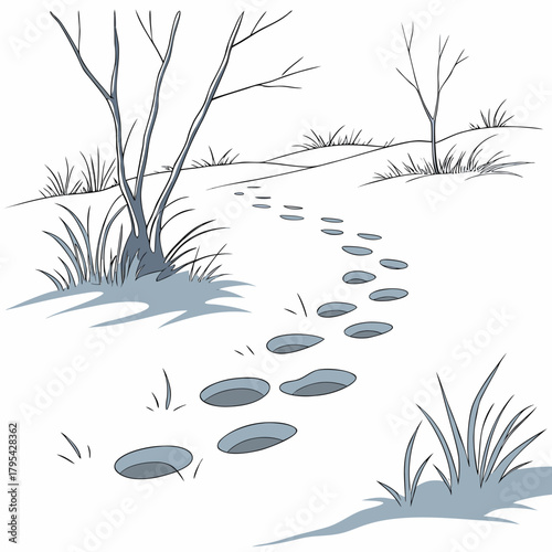 Footprints in the snow leading through a winter landscape with bare trees and dry grass