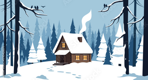 Cozy cabin nestled in a snowy winter forest landscape with birds on tree branches