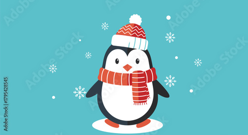 Cute penguin wearing a winter hat and scarf standing on snow with snowflakes falling