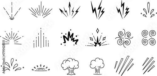 Collection of explosion and burst line art icons, perfect for graphic design and visual communication