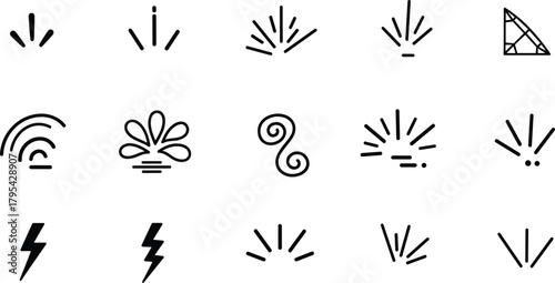 A collection of diverse abstract line art icons, including lightning bolts, radiating lines, and swirling patterns, suitable for graphic design and web applications