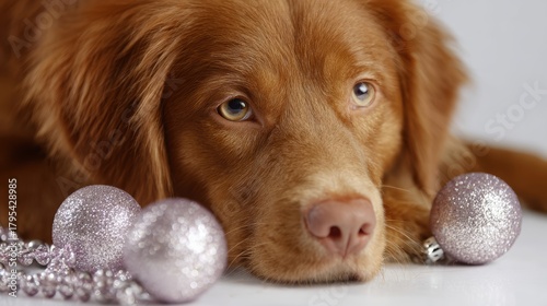 Nova Scotia Duck Tolling Retriever dog with Christmas and New Year festive decorations