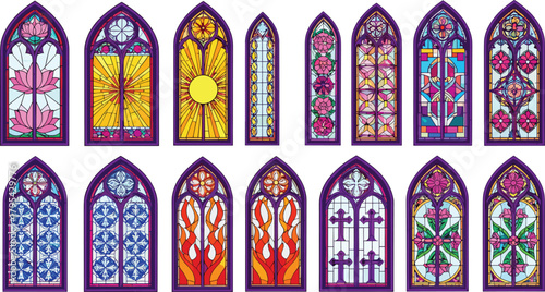 Large Vector Collection of Gothic Stained Glass Windows: Vibrant Designs Featuring Floral, Geometric, Sun, Flame, and Religious Cross Patterns, Ideal for Church and Architecture Concepts