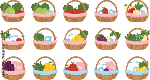 Large Vector Set of Wicker Baskets Filled with Groceries: Cartoon Illustrations of Baskets Containing Fruits, Vegetables, and Milk Cartons, Representing Shopping and Fresh Food