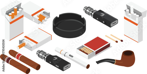 Isometric Vector Set of Smoking and Tobacco Products: Featuring Cigarettes, Cigars, Ashtray, Matchbox, Vaping Devices, and Smoking Pipe, Representing Nicotine Use and Habits.