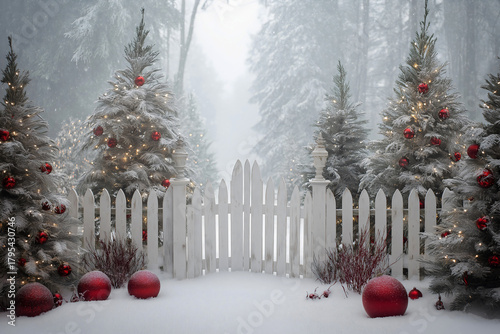 Winter festive backdrop, white picket fence, snow covered Christmas trees decorated with bright red bauble ornaments.