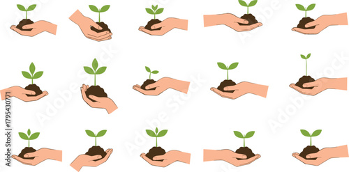 Large Vector Set of Hands Holding a Young Plant Seedling: Illustrations Representing Growth, Planting, Environmental Protection, Nature Care, Gardening, and Organic Agriculture Concepts