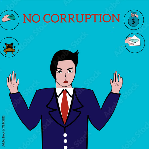 Banner A young man wearing a blue suit gestures with his arms outstretched and a message rejecting corruption written on it.