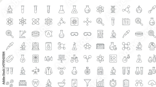 Collection of handdrawn science and chemistry icons with lab equipment and research symbols