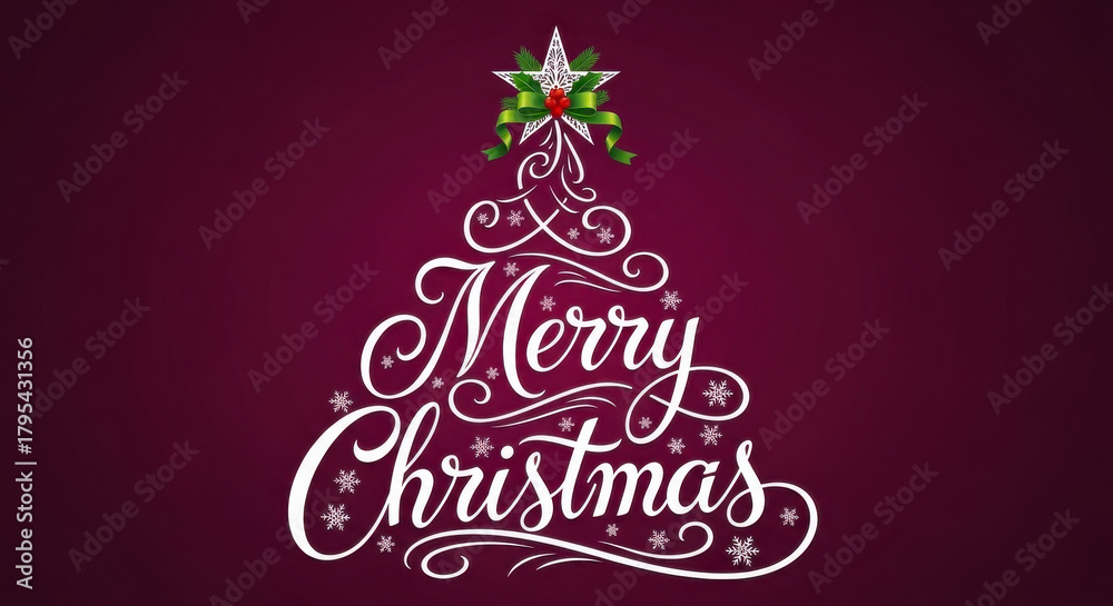 Naklejka premium Elegant merry christmas lettering in a festive tree shape with a star and ornaments on a deep purple background
