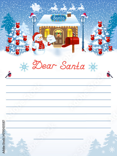 Layout letter to Santa Claus with inscription "Dear Santa" and cartoon funny Snowman and mailbox against winter forest and house workshop background.
