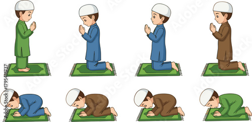 Vector Illustration Set of Muslim Boy Performing Salat (Namaz): Cartoon Character Showing Islamic Prayer Ritual Poses Including Standing, Kneeling, Du'a, and Sujood on a Prayer Rug