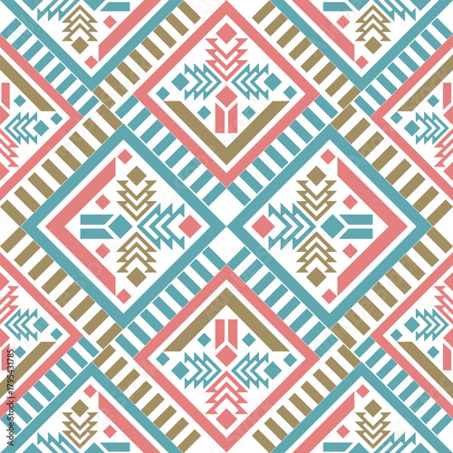 A vibrant tribal geometric pattern featuring coral, teal, and gold diamond motifs. Ideal for textiles, wallpapers, packaging, and modern ethnic-inspired graphic projects.