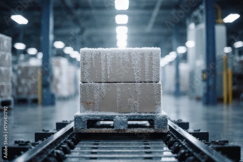 Cold Chain Fulfillment Center: Refrigerated pallets glide on automated rails beneath glowing ceiling sensors