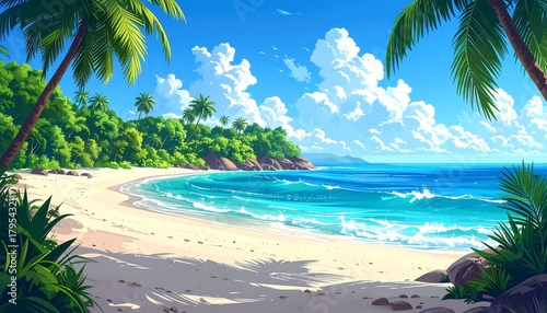 Fototapeta Naklejka Na Ścianę i Meble -  Vivid, tropical beach scene with white sand, turquoise water, swaying palms, and lush green foliage under a blue, cloudy sky