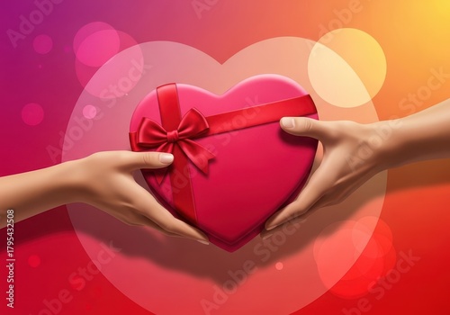 Celebrating romantic passion on Valentine's Day. Affectionate partners share a beautiful heart-shaped gift box moment, sharing, romantic, tender