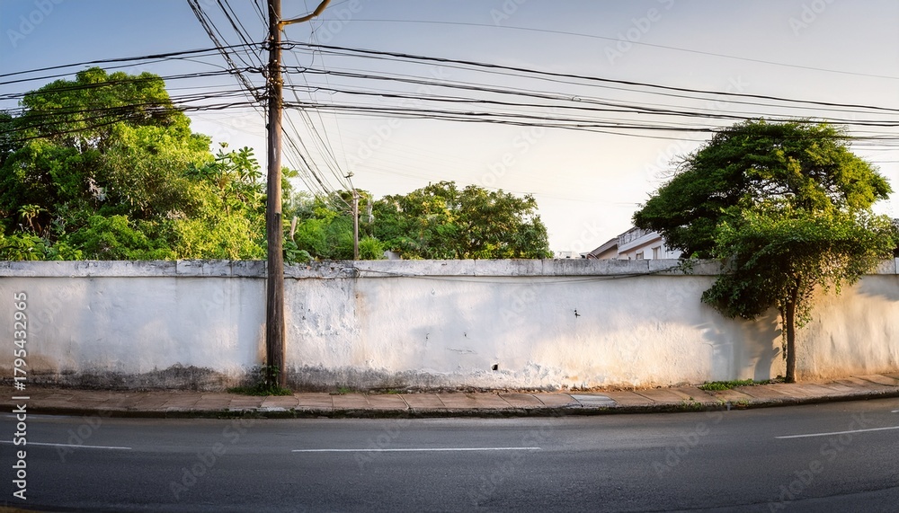 Naklejka premium urban street scene captured with a weathered white wall and a utility pole featuring lush green trees and a blurred city road evoking a sense of calm urban decay