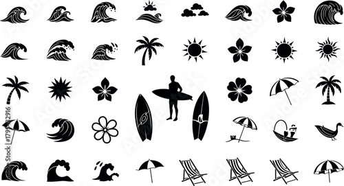 Collection of tropical and surfing icons including waves palm trees flowers and surfers