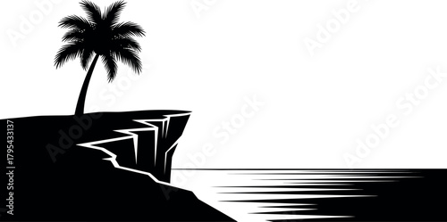 Dramatic silhouette of a lone palm tree on a cliff overlooking the ocean at sunset