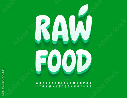 Vector Eco label Raw Food with decorative Leaf. Handwritten White 3D Font. Groovy Rounded Alphabet Letters and Numbers set.